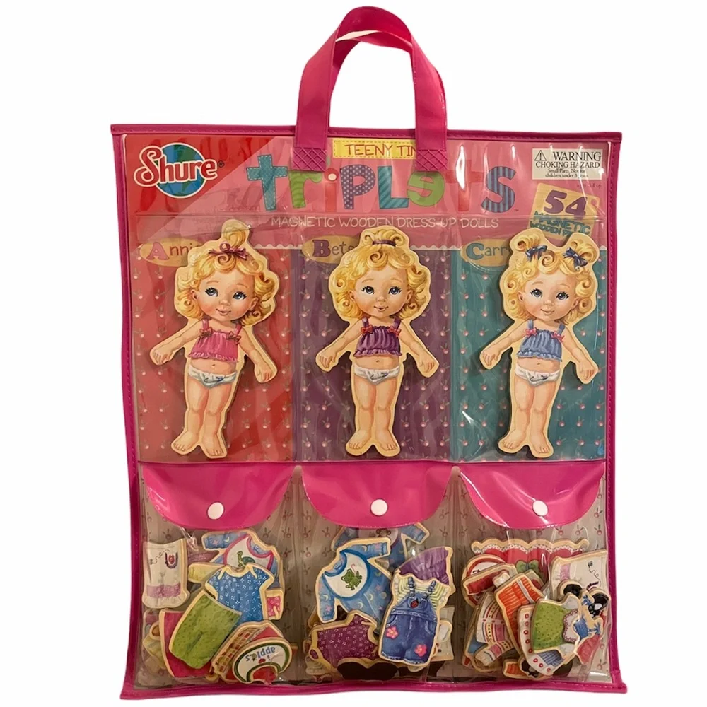 Vintage Wooden Doll Dress Up Set Magnetic Hard Wood Paper Dolls Outfits Tote Bag